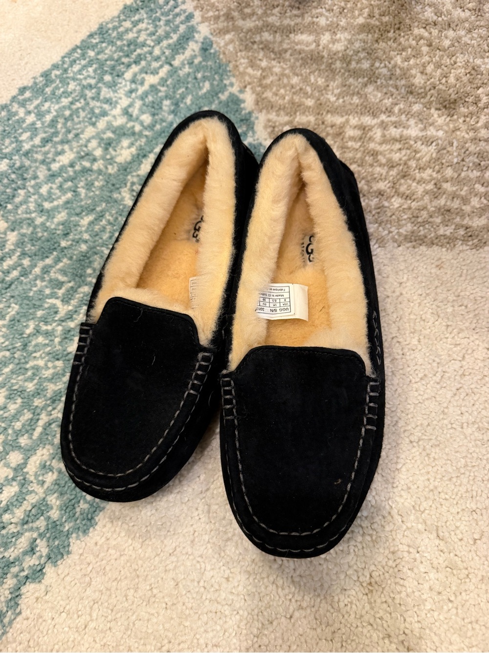 UGG Ansley Black Suede Shearling-Lined Moccasin Slippers